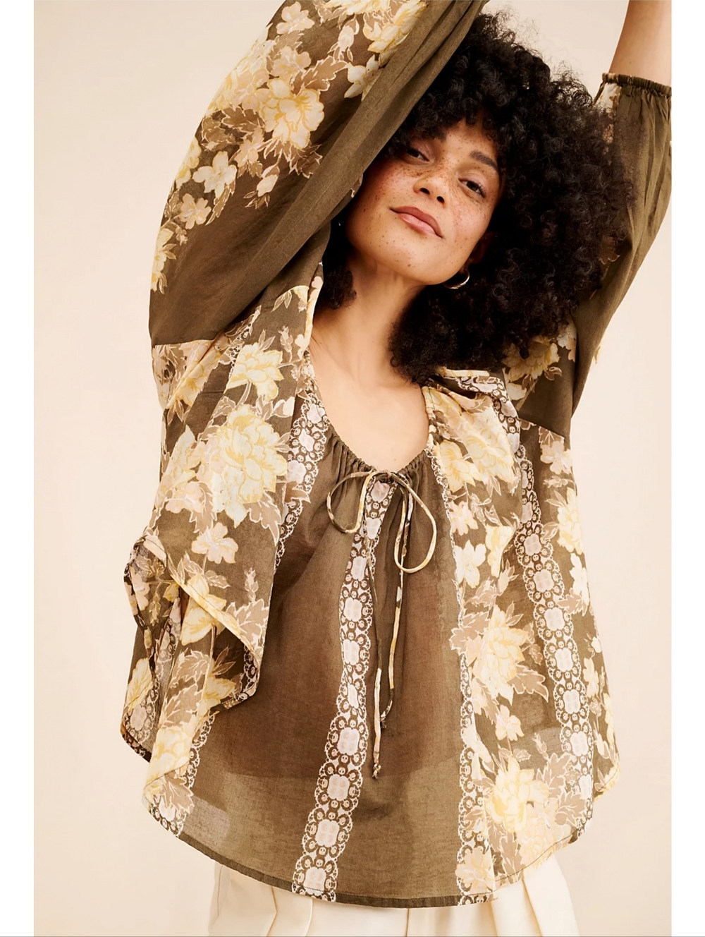 Free People Boho Floral Brown Yellow Elena Top, L - Picture 12 of 12